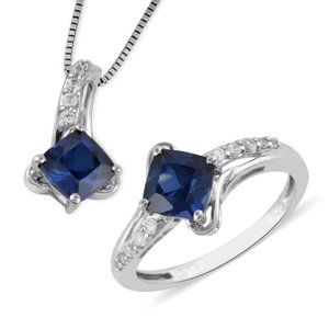 Set: Ring, Pendant & Chain Created Blue Sapphire in 925 Sterling Silver